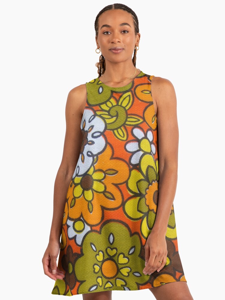 Retro Cool Mid Century Floral Fabric Design In Avocado Green, Harvest Gold, Brown, And Orange Avocado A-Line Dress Retro Cool Mid Century Floral Fabric Design In Avocado Green, Harvest Gold, Brown, And Orange Avocado A-Line Dress