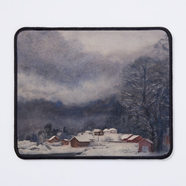Item preview, Dark Winter Silence, houses covered by snow on the coast. Watercolour landscape  designed and sold by Einar Aasen.