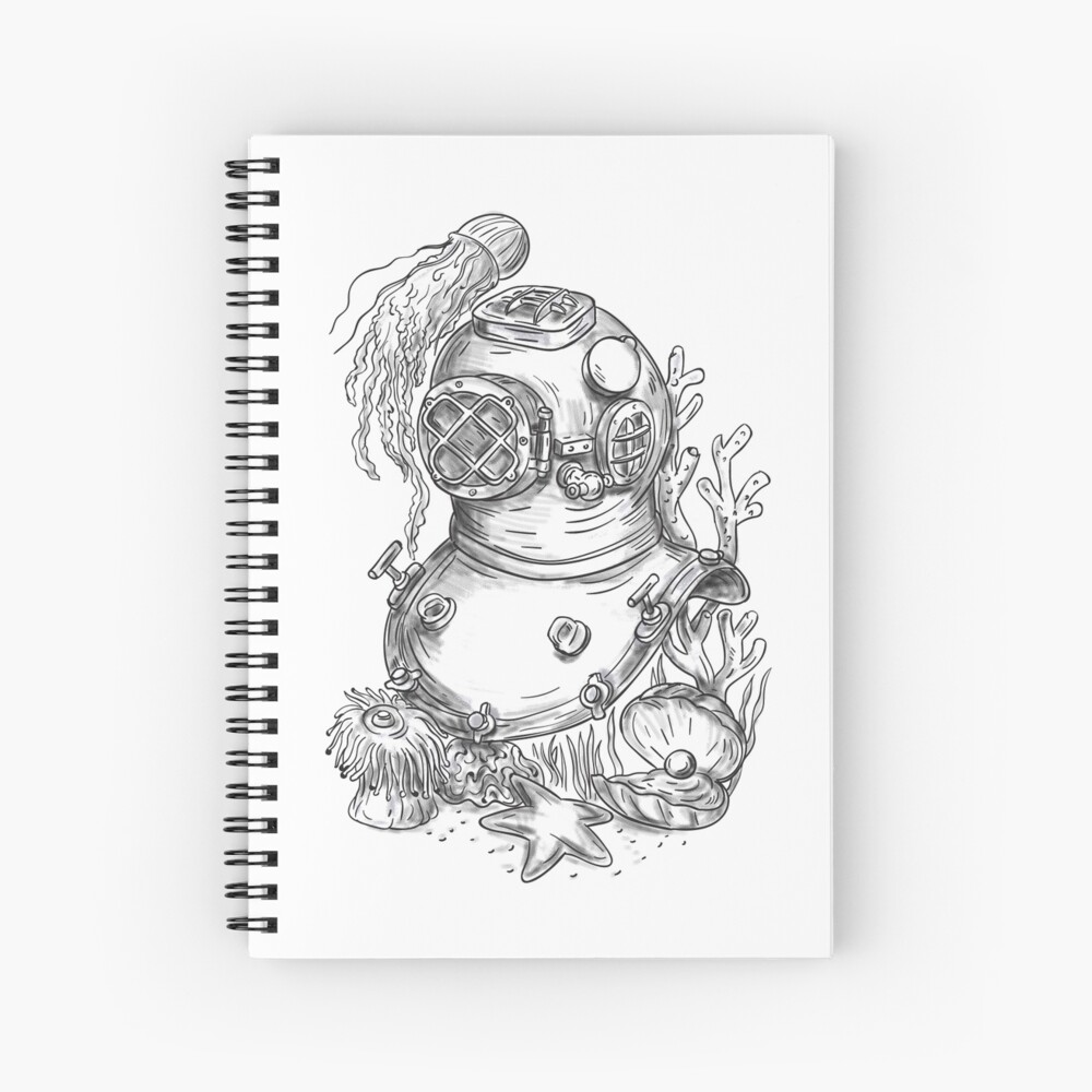 Vecteur Stock Vintage diving helmet with tentacles Hand drawn vector  illustration in engraving technique of Mark V diving helmet and tentacles  of an octopus isolated on white background  Adobe Stock