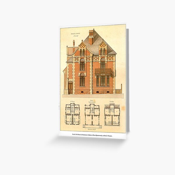 Vintage Architectural Drawing, #35 Maisons de campagne des environs de Paris by Victor Petit (1860) Greeting Card