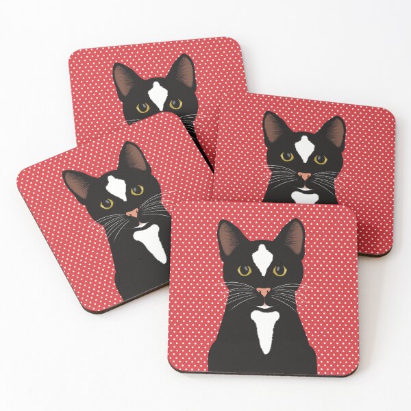 Item preview, The cute and alert black and  white cat is waiting and watching you , red and white dotted background designed and sold by marina63.