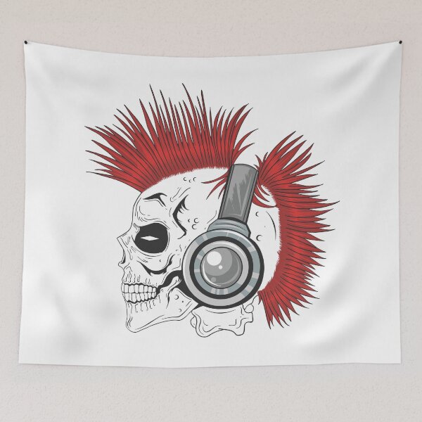 Item preview, A skull with hair in a punk style listens to music on headphones designed and sold by Goliardika-Shop.