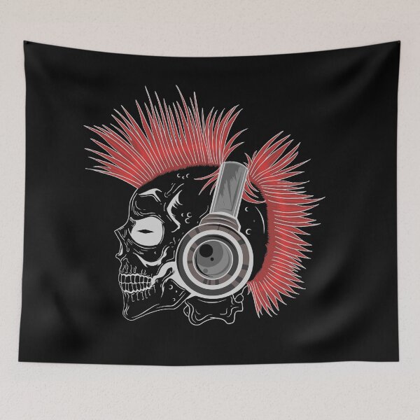 Item preview, A skull with hair in a punk style listens to music on headphones designed and sold by Goliardika-Shop.