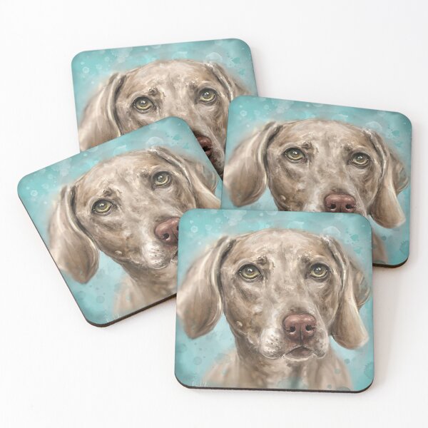 Item preview, Painting of a n Adorable Grey Brown Weimaraner Dog on Blue Background designed and sold by ibadishi.