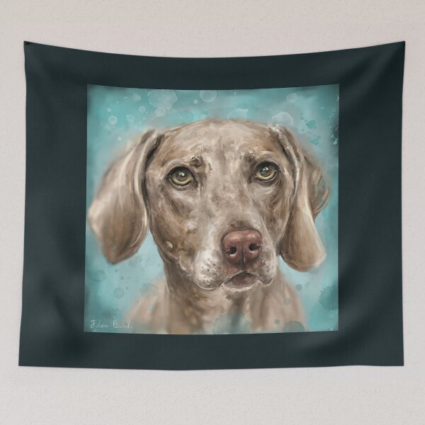 Item preview, Painting of a n Adorable Grey Brown Weimaraner Dog on Blue Background designed and sold by ibadishi.