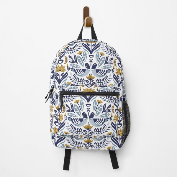 Item preview, Maximalist folk pigeons // white background pastel and bali hai blue pigeons and foliage mustard yellow flowers lucky point navy blue details designed and sold by SelmaCardoso.