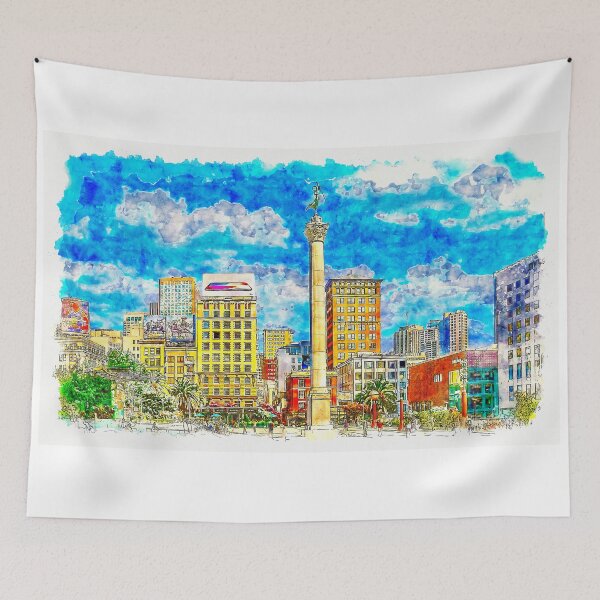 Item preview, Union Square with the Dewey Monument in San Francisco - pen sketch and watercolor designed and sold by NickoPrints.