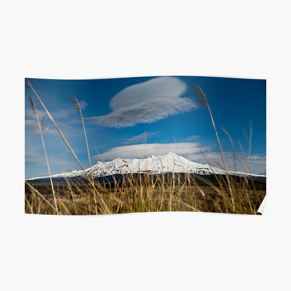 Snowy mountain with grass and clouds Poster