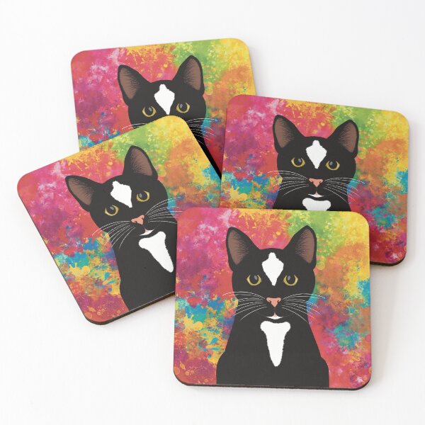 Item preview, The cute and alert black and white tuxedo cat is waiting and watching you , colorful  background designed and sold by marina63.