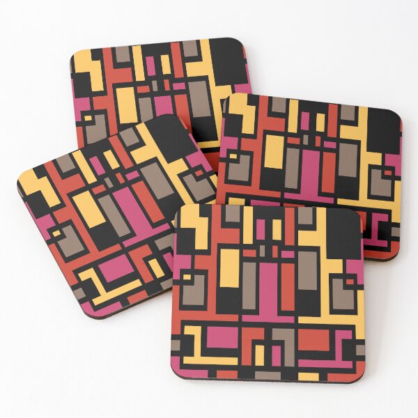 Item preview, Geometric Art Deco Style Red Pink Brown Yellow Black Outline  designed and sold by taiche.