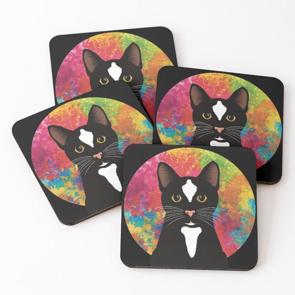 Item preview,  The cute and alert black and white tuxedo cat is waiting and watching you , colorful  background designed and sold by marina63.