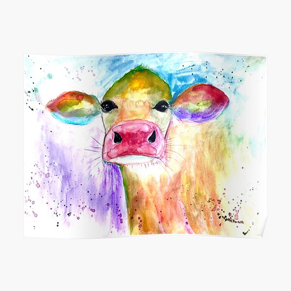 Colourful Cow Watercolour Painting Poster For Sale By Cameronka1   Poster,504x498,f8f8f8 Pad,600x600,f8f8f8 