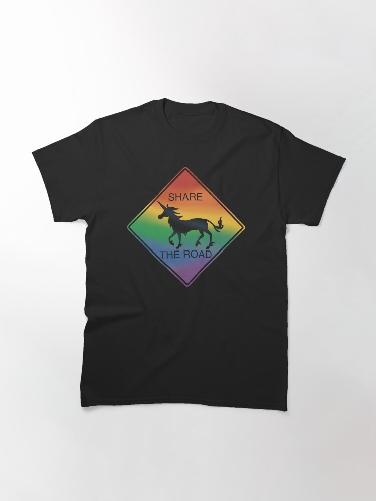 Thumbnail 3 of 7, Classic T-Shirt, Unicorn Sign Share The Road Rainbow designed and sold by BlazeraptorGirl.