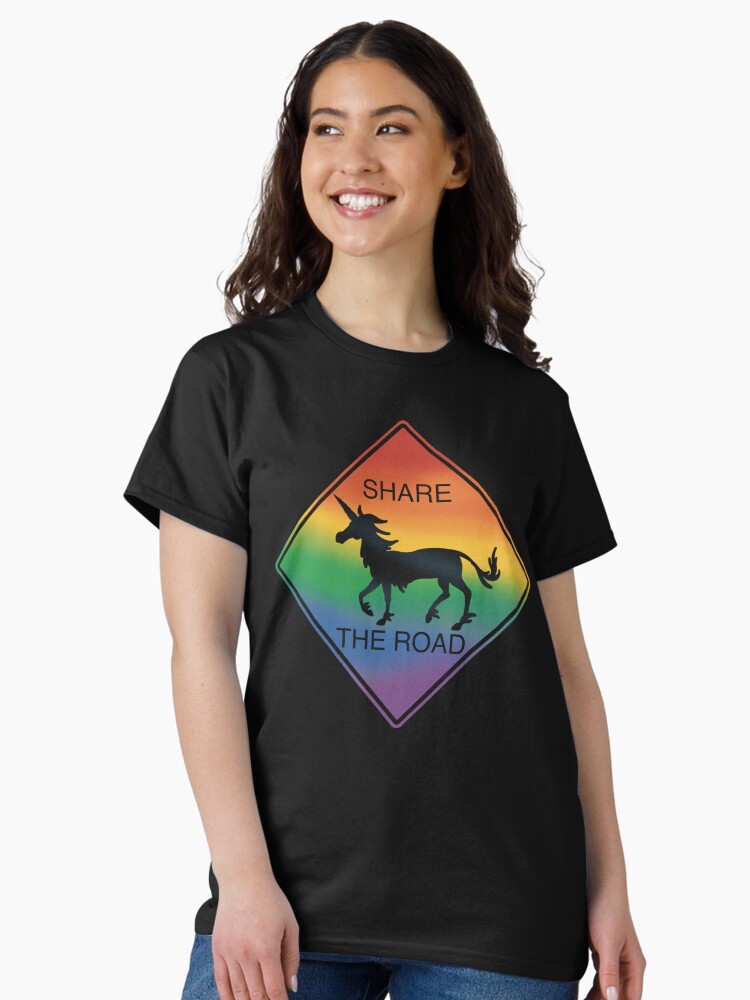 Thumbnail 2 of 7, Classic T-Shirt, Unicorn Sign Share The Road Rainbow designed and sold by BlazeraptorGirl.