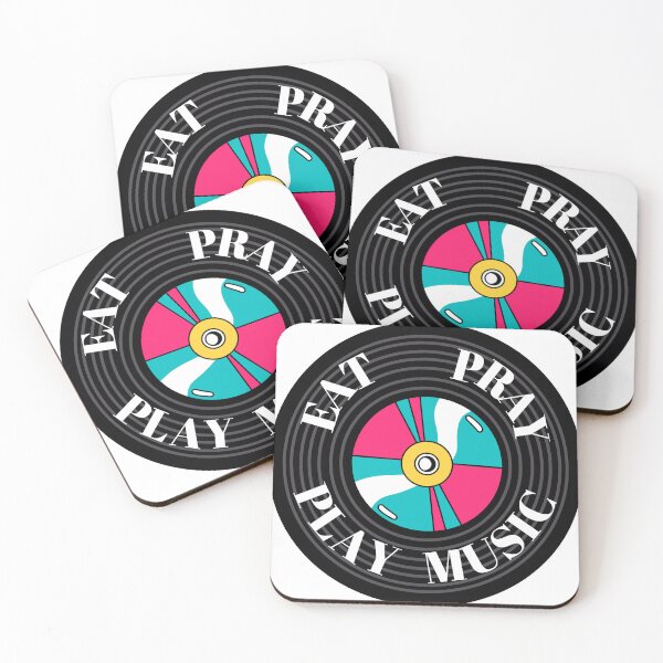 Item preview, Circular colored illustration shows a black vinyl on which the words eat, pray, play music designed and sold by Goliardika-Shop.