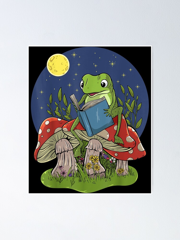 Cottagecore Aesthetic Cute Kawaii Frog Reading Book Mushroom T-Shirt