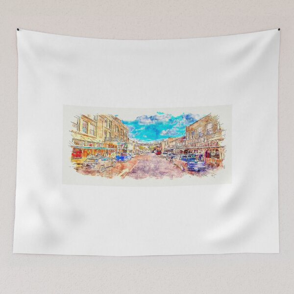 Item preview, Fort Worth Stockyards with Stockyards Hotel and White Elephant Saloon - pen sketch and watercolor designed and sold by NickoPrints.