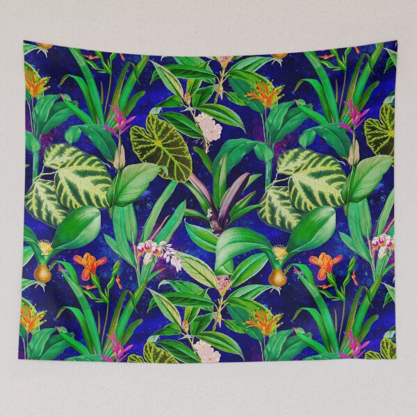 Item preview, Exotic tropical foliage, leaves and flowers tropical pattern, botanical illustration, blue floral illustration   designed and sold by ZeinabTaha.
