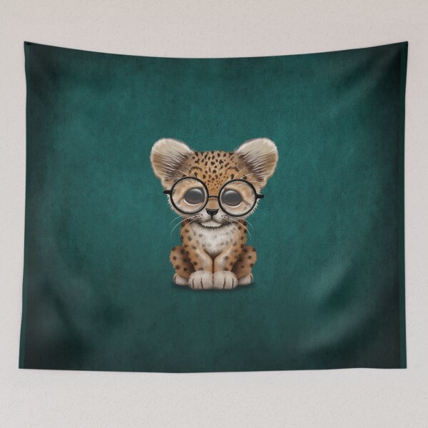Item preview, Cute Baby Leopard Cub Wearing Glasses on Teal Blue designed and sold by JeffBartels.