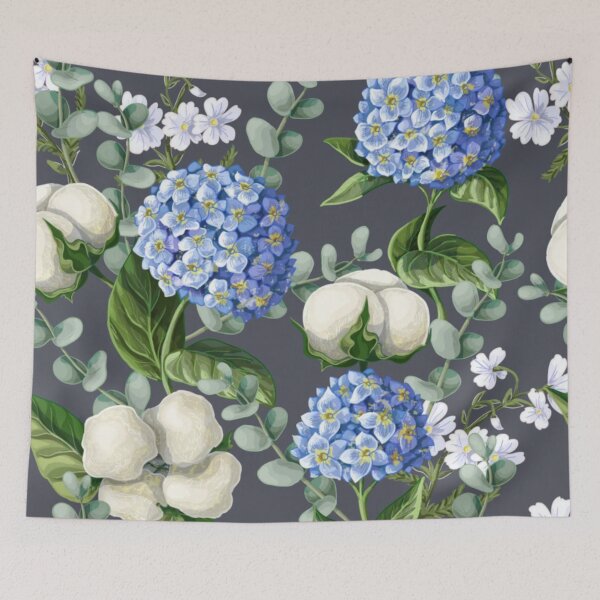 Item preview, Blue Hydrangea & White Cotton Flowers with Green Leaves Floral Pattern designed and sold by WearWolfDesigns.