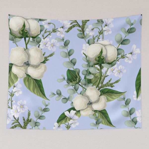 Item preview, White Cotton Flowers with Eucalyptus Plants Floral Pattern designed and sold by WearWolfDesigns.