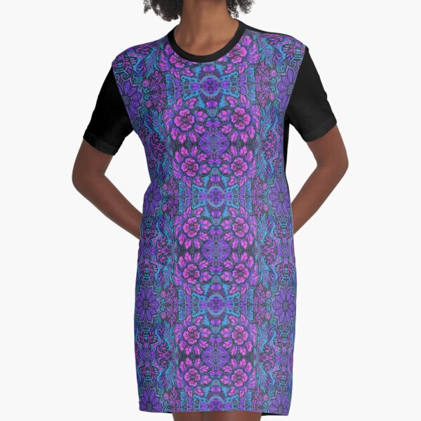 Garden of Magic Flowers Bohemian Arabesque Pattern Purple Magenta Graphic T-Shirt Dress