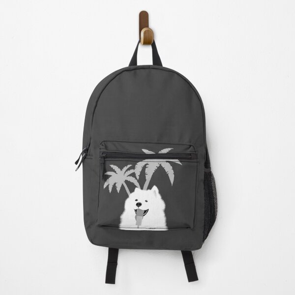 Item preview, Samoyed dog eating ice cream with palm trees behind - black and white designed and sold by icomeinpeace2.