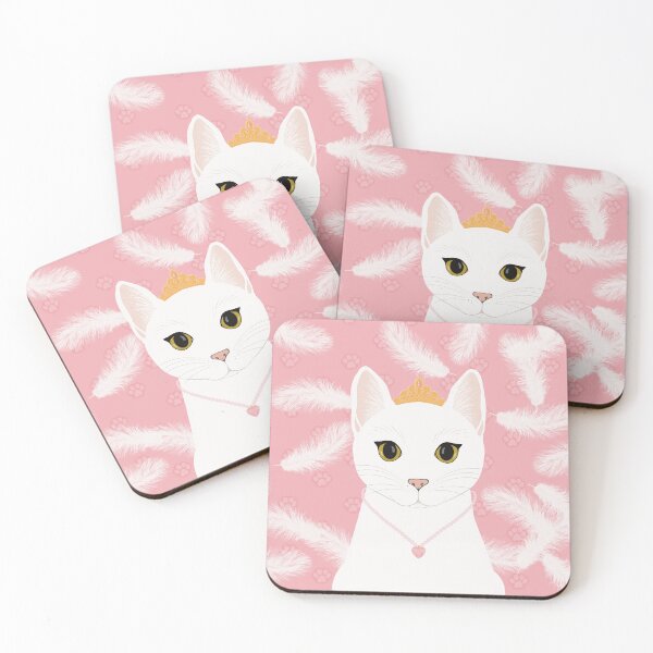 Item preview, The cute white cat queen is watching you , white feathers and small kitten footsteps in the pink background designed and sold by marina63.