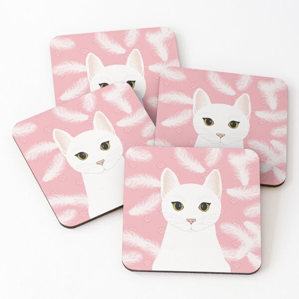 Item preview, The cute white cat queen is watching you , white feathers and small kitten footsteps in the pink background designed and sold by marina63.