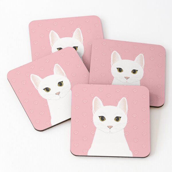 Item preview, The cute white cat queen is watching you , white feathers and small kitten footsteps in the pink background designed and sold by marina63.