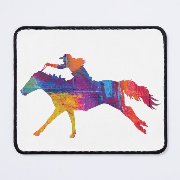 Artikelvorschau, Cowgirl Barrel Racing auf galoppierendem Pferd mit Regenbogenmuster entworfen und verkauft von Sam Morrison.