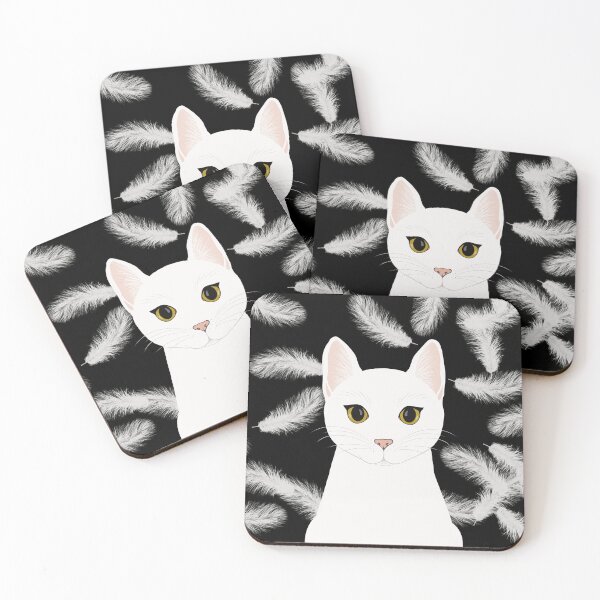 Item preview, The cute white cat queen is watching you , white feathers on the black background designed and sold by marina63.