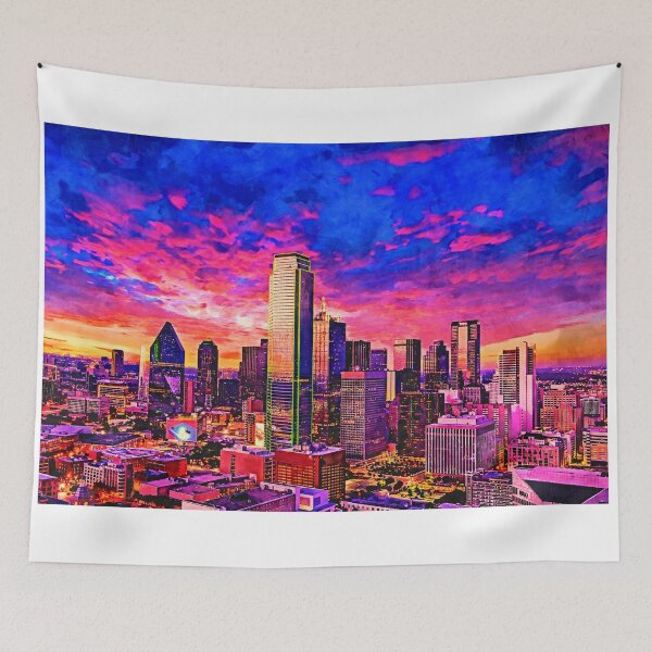 Item preview, Skyline of downtown Dallas, Texas, at twilight - watercolor painting designed and sold by NickoPrints.