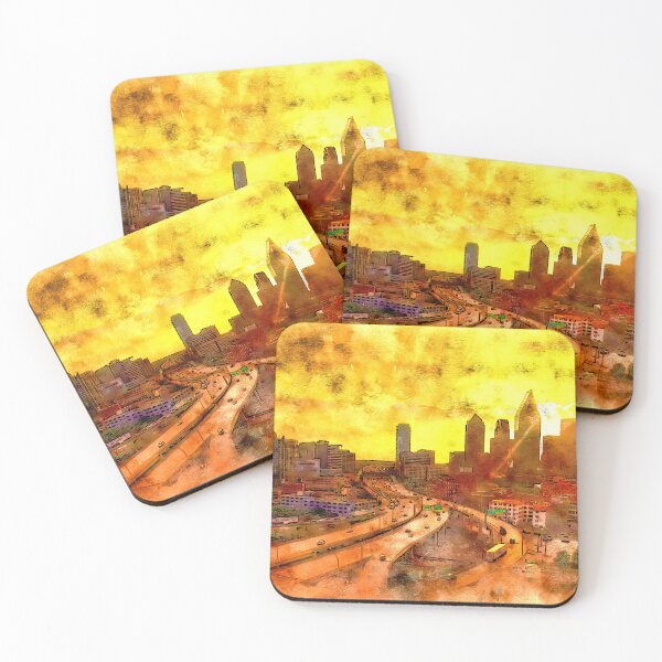 Item preview, Sunrise over downtown Dallas, Texas, and the Woodall Rodgers Freeway - pen and watercolor designed and sold by NickoPrints.