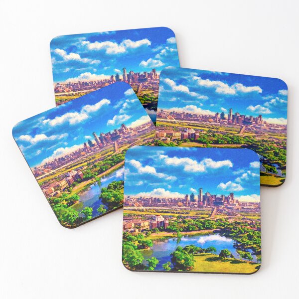 Item preview, Cliff Lake and downtown Dallas skyline in the distance - digital painting designed and sold by NickoPrints.