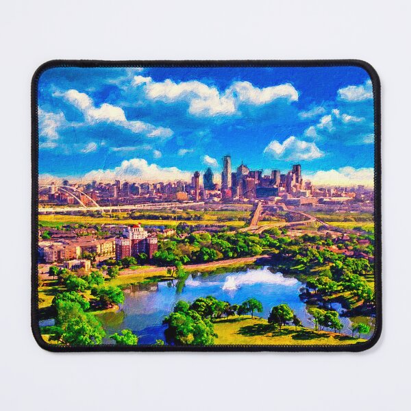 Item preview, Cliff Lake and downtown Dallas skyline in the distance - digital painting designed and sold by NickoPrints.