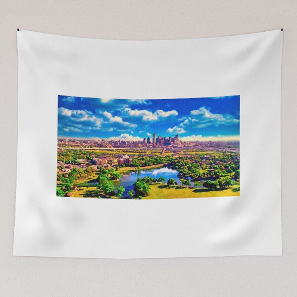Item preview, Cliff Lake and downtown Dallas skyline in the distance - digital painting designed and sold by NickoPrints.