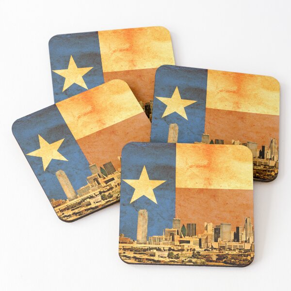 Item preview, Downtown Dallas skyline blended with the Texas flag and printed on old paper texture designed and sold by NickoPrints.
