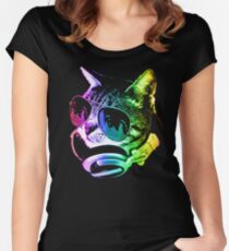 Camiseta entallada de cuello redondo Gato de música del arco iris