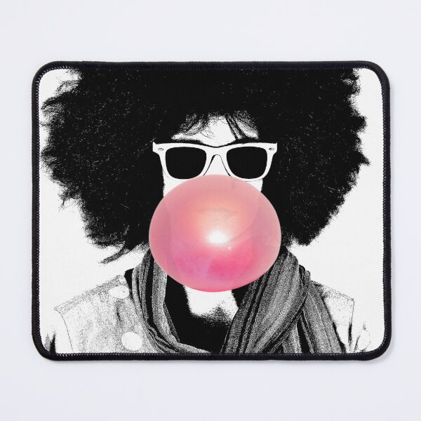 Item preview, Power of bubbles. Beautiful girl with 70's style fluffy hair and sunglasses inflates a balloon made of bubble gum designed and sold by Goliardika-Shop.