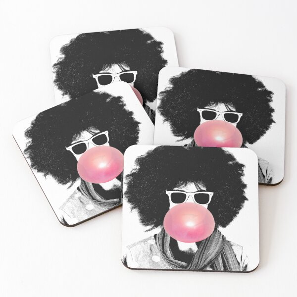 Item preview, Power of bubbles. Beautiful girl with 70's style fluffy hair and sunglasses inflates a balloon made of bubble gum designed and sold by Goliardika-Shop.