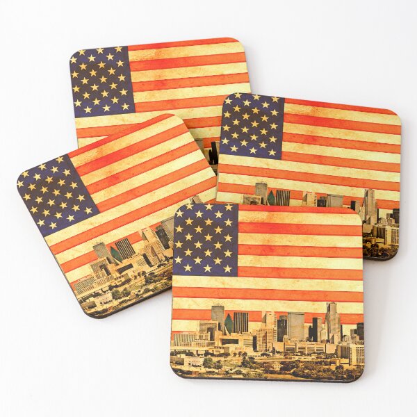 Item preview, Downtown Dallas skyline blended with the US flag and printed on old paper texture designed and sold by NickoPrints.