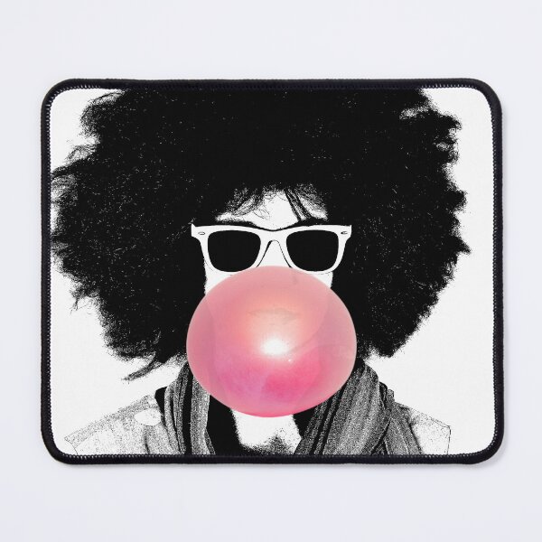 Item preview, Bubble power. Beautiful girl with curly hairstyle and sunglasses inflates a balloon made of chewing gumade of chewing gum designed and sold by Goliardika-Shop.