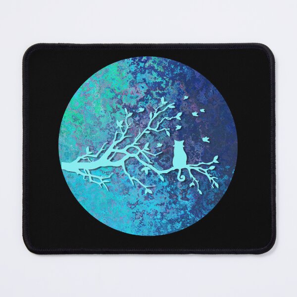 Item preview, Moonlight Lonesome Cat Sitting on Tree Branch Blue and Aquamarine Marbled Background designed and sold by Cawaiico.