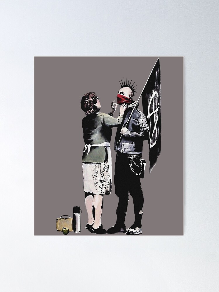 Banksy graffiti mom and punk with anarchist flag | Poster
