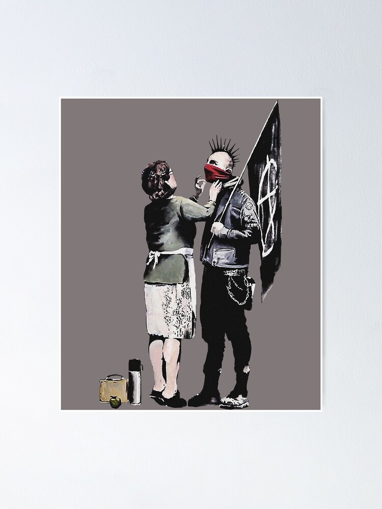 Banksy graffiti mom and punk with anarchist flag 