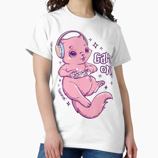 Cute pink gamer Cat playing with joystick Classic T-Shirt