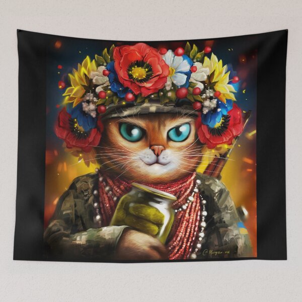 Item preview, Ukrainian cat soldier in a wreath of flowers designed and sold by MaryshaArt.