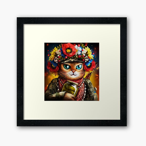 Vista previa del artículo con la obra «Gato soldado ucraniano en una corona de flores», diseñado y vendido por MaryshaArt.