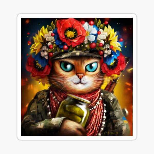 Aperçu de l'œuvre Soldat chat ukrainien dans une couronne de fleurs créée et vendue par MaryshaArt.